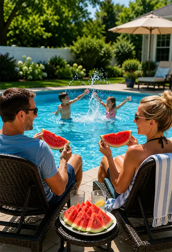 Delicious Watermelon by the pool A man and woman relax beside a backyard swimming pool enjoying fresh watermelon while watching two children happily splash and play on a sunny summer day.
