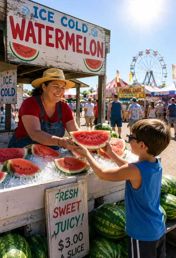 Hot Day? Iced Watermelon. A vendor sells ice-cold watermelon slices from a stand at a sunny county fair as visitors enjoy the refreshing summer treat on a hot July afternoon.