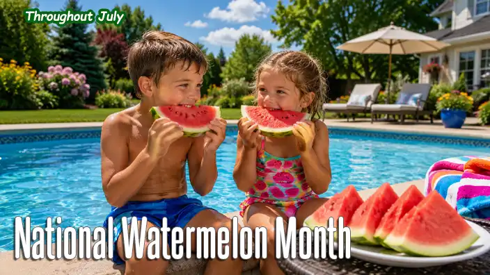 Two children enjoy juicy slices of watermelon beside a backyard swimming pool on a beautiful summer day surrounded by a lush green lawn.