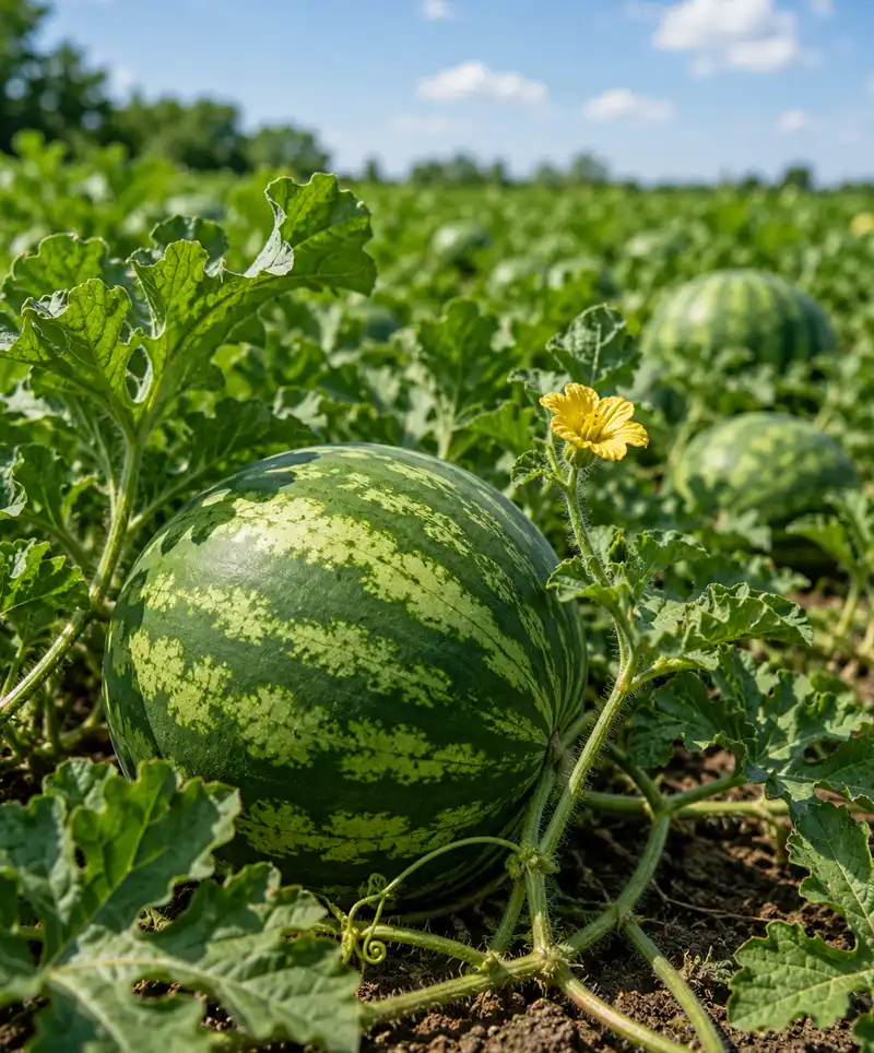 A ripe watermelon growing on healthy vines in a sunny field, surrounded by lush green leaves and sprawling plants during the peak of the summer growing season.