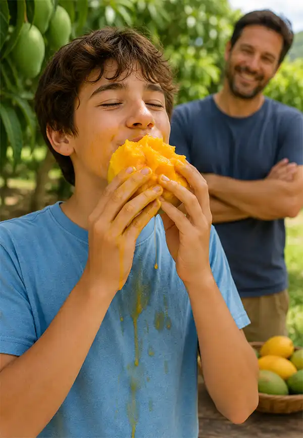A happy teenager enjoys a juicy ripe mango outdoors, with mango juice dripping down his shirt while his father smiles in the background, amused by the deliciously messy moment.
