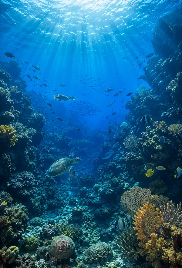 Sunlight streams through deep blue ocean water, illuminating a vibrant underwater landscape filled with coral formations, tropical fish, and a sea turtle gliding above the reef floor.