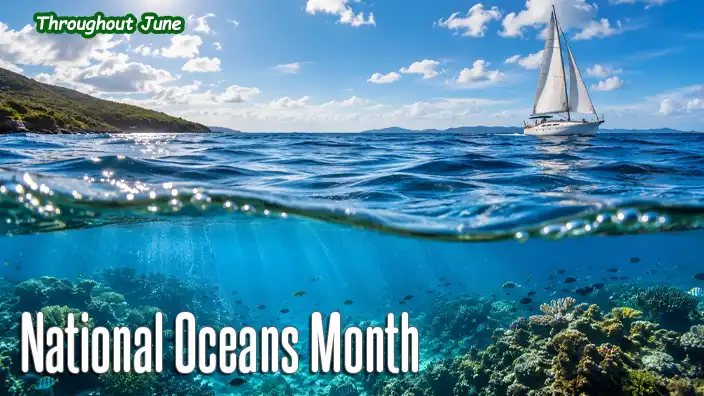 A split-view ocean scene on a sunny day showing gentle waves above the waterline, a sailboat in the distance, and a vibrant underwater world filled with coral reefs and tropical fish below.