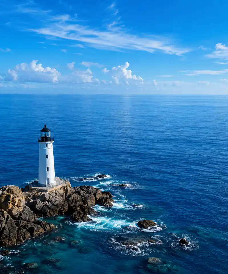 Tall coastal ocean scene featuring a white lighthouse standing on rocky outcrops above clear blue water, with the vast ocean stretching to the horizon beneath a bright sky filled with soft clouds.
