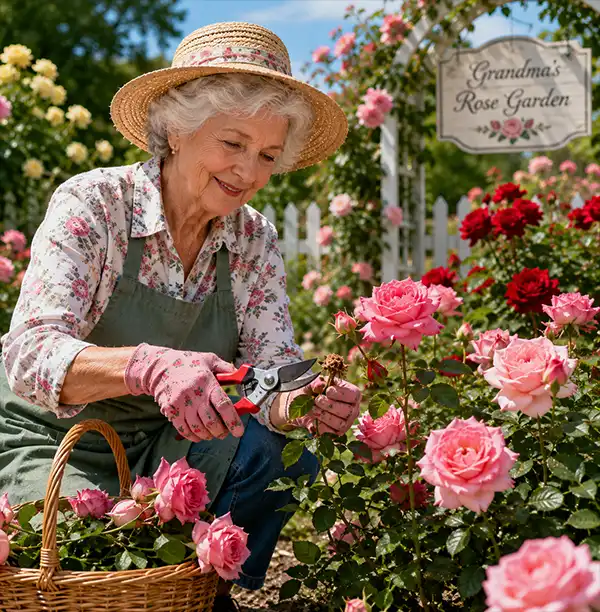 Grandma in her Rose Garden A grandmother tends her rose garden on a sunny day, carefully pruning blooming pink roses while surrounded by colorful flower beds and lush greenery.