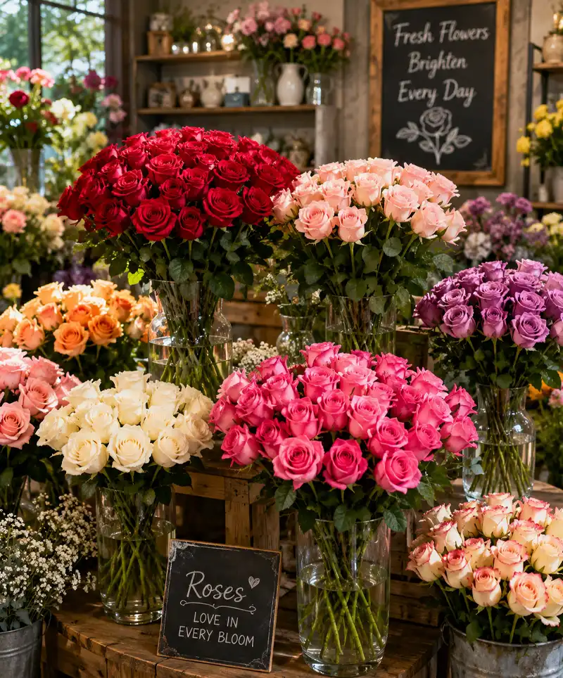 Beautiful roses in a variety of colors are arranged throughout a charming flower shop, with large bouquets displayed on wooden tables and shelves in a warm, inviting setting.