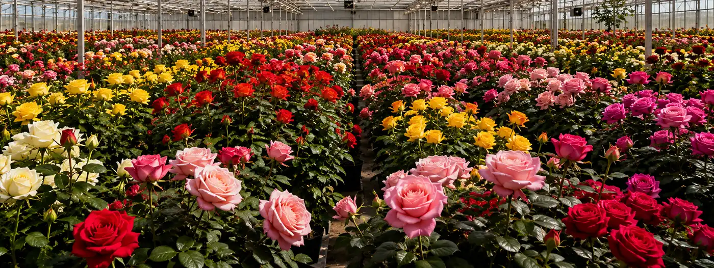 A Greenhouse Full of Roses A vast commercial greenhouse filled with thousands of blooming roses in shades of red, pink, yellow, and white, with endless rows of vibrant flowers stretching beneath a sunlit glass roof.