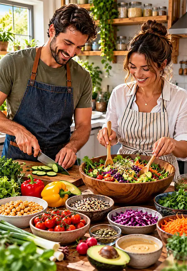 A smiling couple prepares a delicious vegan meal together in their sunlit kitchen, chopping fresh vegetables and tossing a colorful plant-based salad surrounded by chickpeas, quinoa, avocado, tomatoes, peppers, and leafy greens in celebration of World Vegan Month.