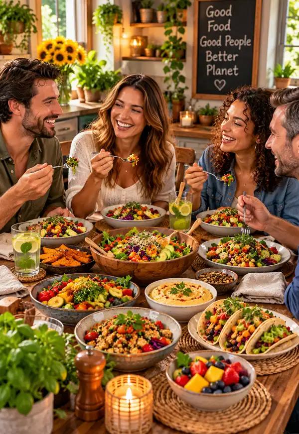 A delicious Vegan meal. Two couples enjoy a delicious homemade vegan dinner together, sharing colorful plant-based salads, vegetable tacos, hummus, roasted vegetables, grains, and fresh fruit around a welcoming dining table, celebrating friendship, healthy eating, and compassionate living during World Vegan Month.
