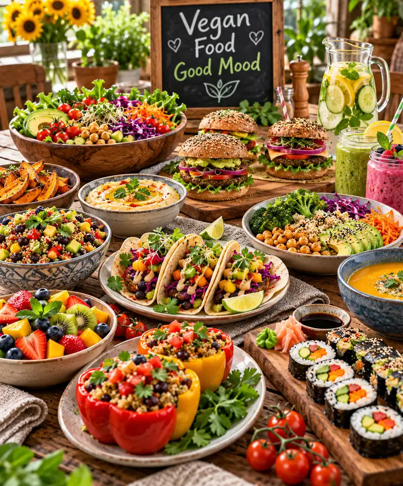 A beautifully arranged table overflowing with delicious vegan dishes, including plant-based burgers, colorful salads, vegetable tacos, hummus, stuffed bell peppers, sushi, roasted vegetables, fresh fruit, and smoothies, showcasing the incredible variety of plant-based cuisine during World Vegan Month.