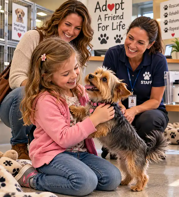 Happy little girl greeting her new Yorkshire Terrier at an animal shelter while her mother and a smiling shelter attendant watch the joyful meeting.