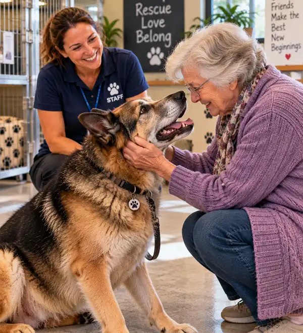 Elderly woman lovingly greeting a senior German Shepherd for the first time at an animal shelter while a smiling staff member watches.