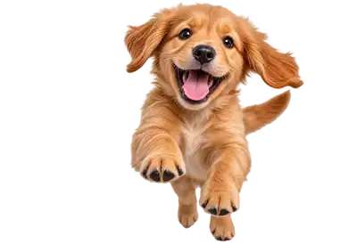 Happy golden puppy bounding excitedly forward with floppy ears, bright eyes and a big smile on a transparent background.