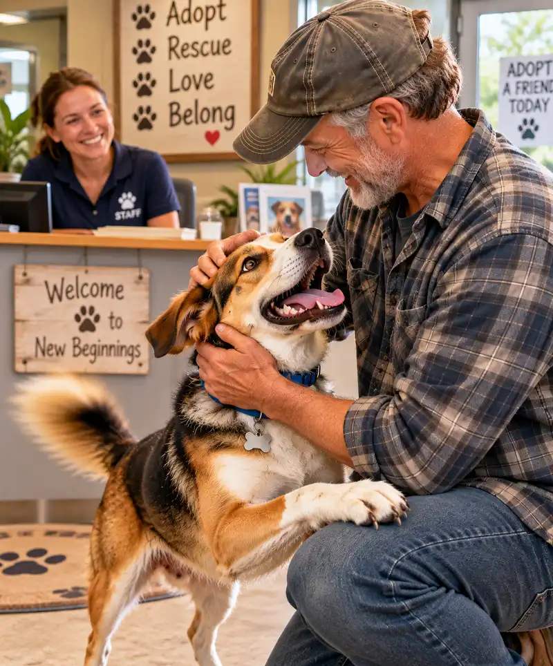 Happy shelter dog excitedly enjoying affection from his new owner in the reception area while a smiling shelter worker looks on.