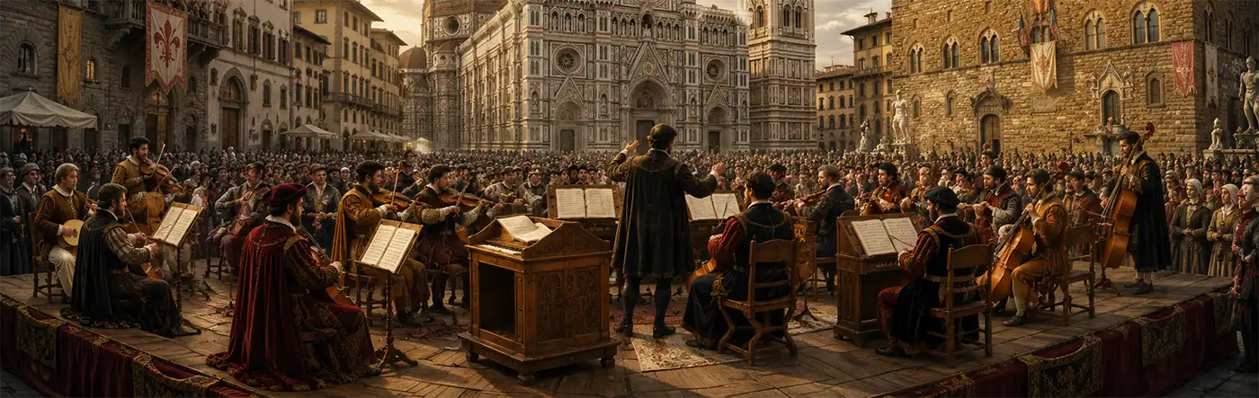 A Renaissance orchestra performs for a large crowd in a bustling Florence town square, with musicians in period dress entertaining the public against the magnificent backdrop of Florence Cathedral and the city's historic architecture.