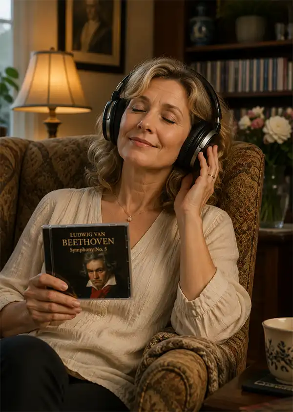 A woman relaxes comfortably in a cozy armchair, wearing headphones as she listens to Beethoven's music while holding a CD case featuring the legendary composer, surrounded by the warm ambiance of her home library.