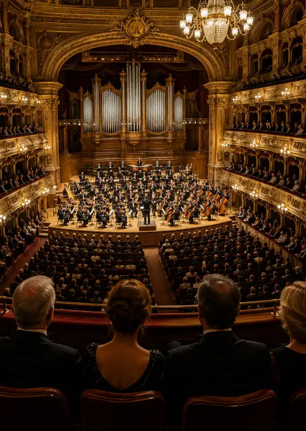 A full symphony orchestra performs before a sold-out audience in a magnificent concert hall, viewed from elegant box seating at the rear of the theater, offering a perfect perspective of the musicians, conductor, and beautifully illuminated stage.