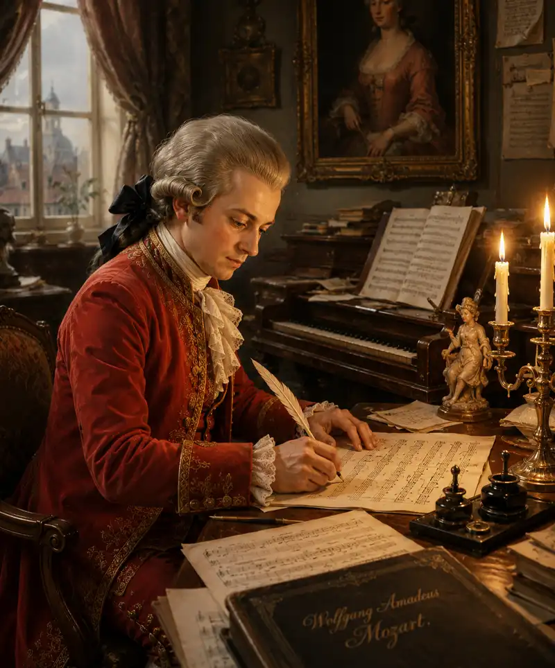 Wolfgang Amadeus Mozart sits in his elegant 18th-century study, carefully composing sheet music by candlelight, surrounded by manuscripts, a piano, and the refined atmosphere that inspired some of history's greatest classical masterpieces.