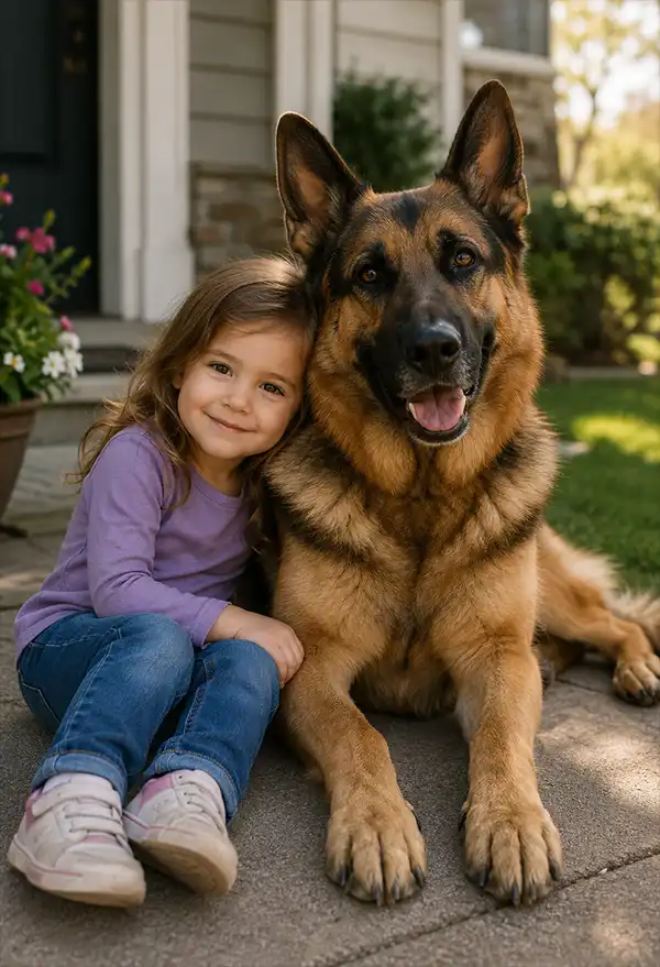 A peaceful German Shepherd relaxes next to a young child in a suburban neighborhood. Despite being much larger than the girl, the dog appears gentle and protective as they enjoy a quiet moment together outdoors.