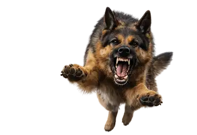 A snarling German Shepherd lunges directly toward the viewer with bared teeth, raised lips, and an intense expression. Its front paws are extended forward as if mid-leap, creating a dramatic illustration of aggressive canine behavior and a situation where caution is clearly advised.
