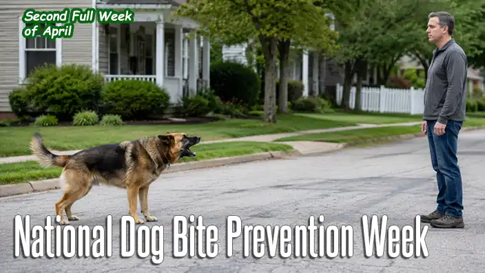 A large dog stands in a residential street barking and displaying warning signs while an adult man remains calm several feet away. The scene illustrates safe behavior around an agitated dog and the importance of avoiding sudden movements during a tense encounter.