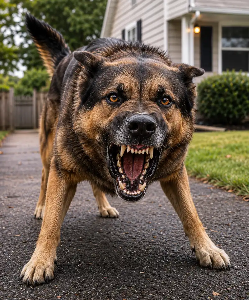 An angry dog faces the viewer in a suburban neighborhood, growling with teeth exposed and body tense. The image demonstrates the warning signs of an agitated dog and the importance of recognizing potentially dangerous canine behavior before approaching.