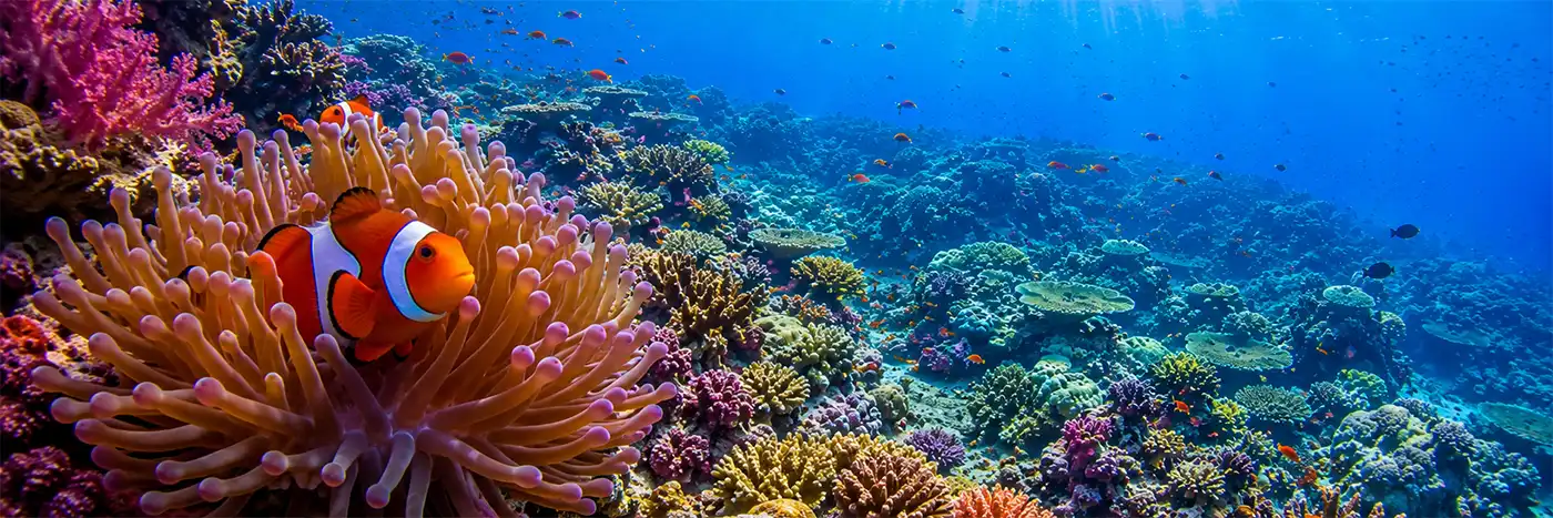 A vibrant clownfish plays among the tentacles of a sea anemone as a colorful coral reef stretches into the distance beneath crystal-clear tropical water filled with marine life.