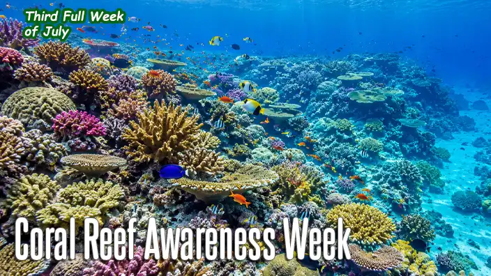 A vibrant tropical coral reef stretches into the distance beneath crystal-clear blue water, with colorful corals and schools of tropical fish creating a thriving underwater ecosystem.