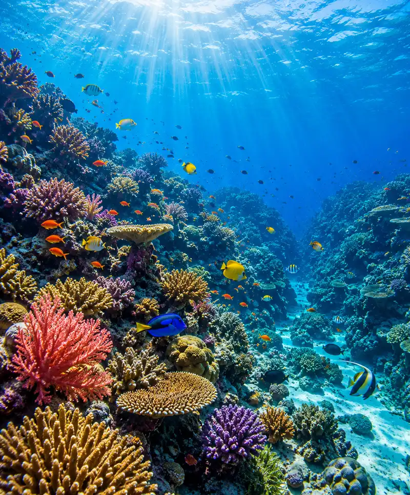 Sunlight filters through crystal-clear tropical water onto a vibrant coral reef filled with colorful corals and tropical fish, highlighting the beauty and diversity of a healthy underwater ecosystem.