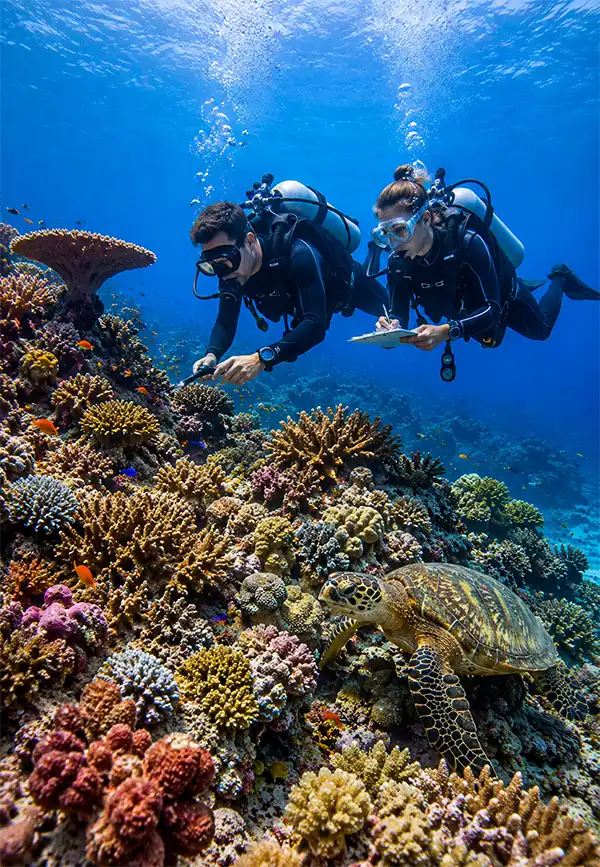 Two scuba divers carefully inspect a vibrant coral reef while avoiding contact with the coral, as a sea turtle and colorful tropical fish swim through the crystal-clear blue water of a thriving underwater ecosystem.