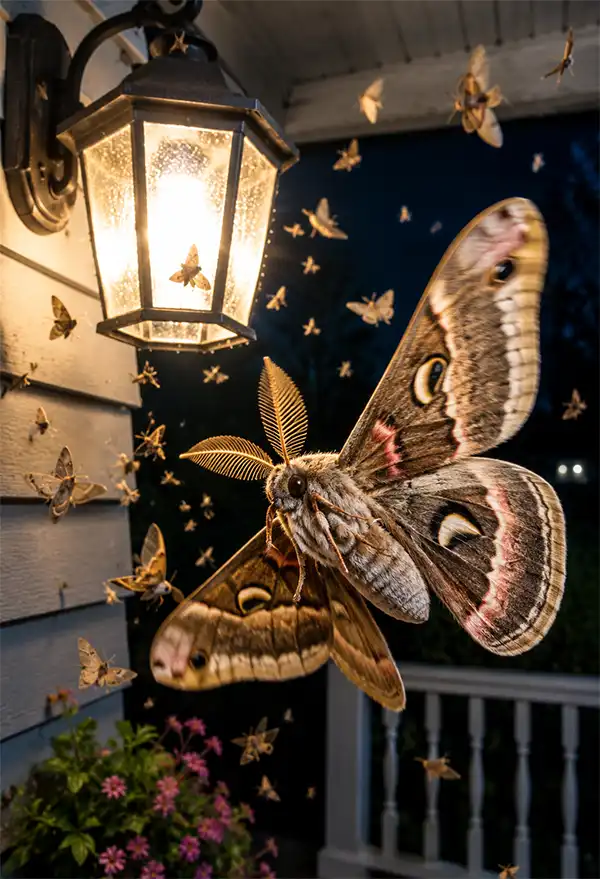 Like A Moth To A Flame? A detailed moth flies past a glowing porch light on a warm summer night as dozens of smaller moths gather around the lantern, illustrating their natural attraction to artificial light.