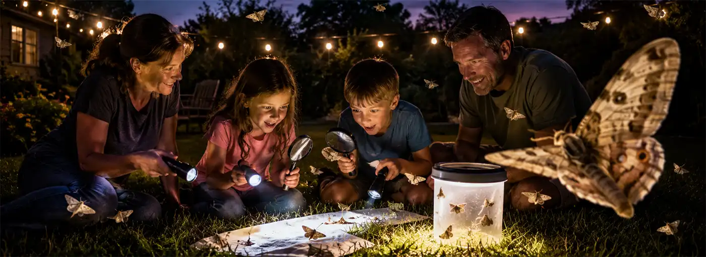 Making Moths a Family Evening Mother and father watch as their two children use flashlights and magnifying glasses to observe moths in the backyard at night, while a large moth flies close to the camera and dozens of others gather around the light.