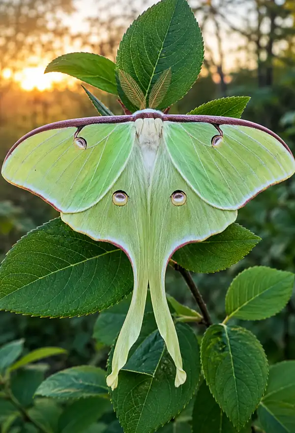 The Gorgeous Luna Moth A beautiful pale green Luna Moth rests on a leafy branch at dawn, displaying its long graceful tails, soft furry body, and delicate wing patterns in stunning close-up detail.
