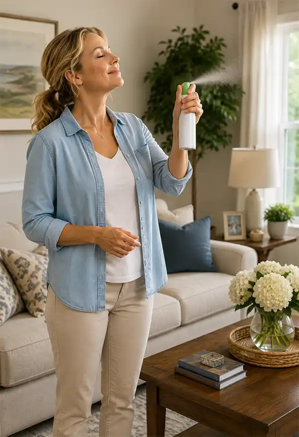 Adding a Fragrance to the air in a home A woman sprays air freshener in her bright, tidy living room, smiling as she freshens the air and enjoys the clean, welcoming fragrance throughout her home.
