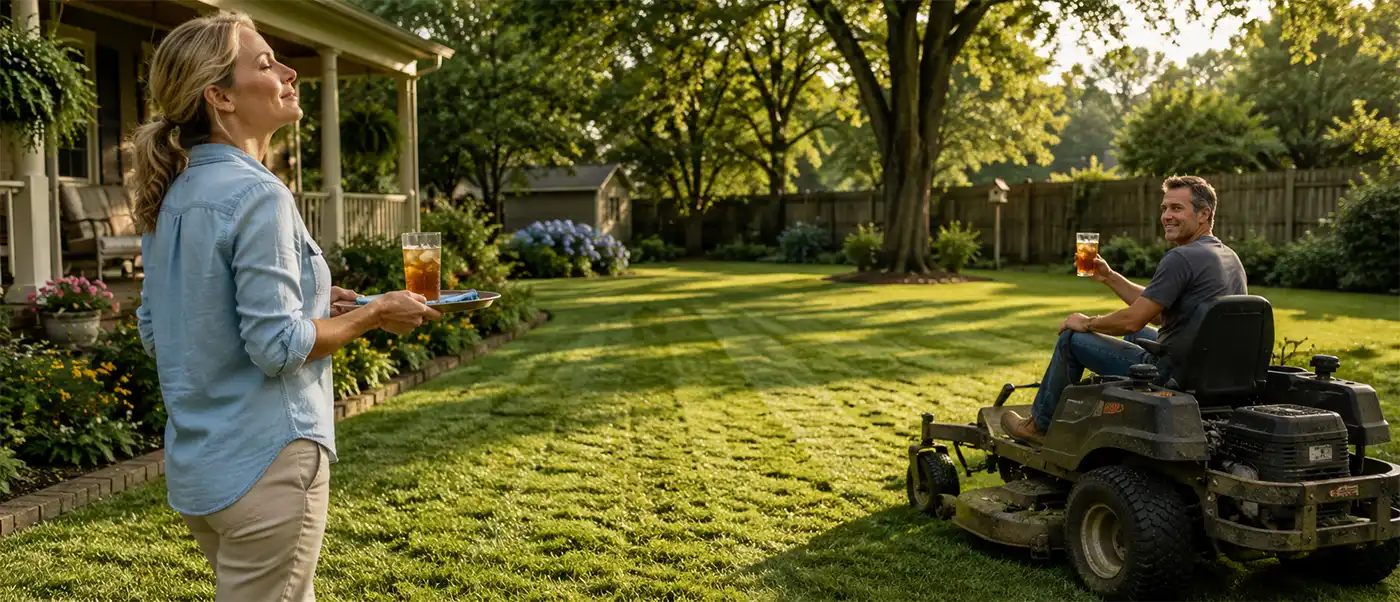 The Fragrance of newly cut grass. A woman carries a cold drink to her husband as he pauses mowing the lawn in their backyard, smiling while enjoying the fresh fragrance of newly cut grass on a warm summer afternoon.