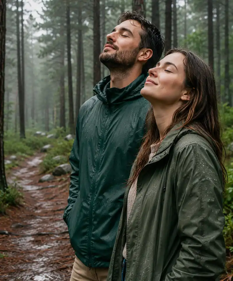 A couple stands in a rain-soaked pine forest, eyes closed as they breathe in the fresh scent of pine and clean air, surrounded by towering evergreens and a misty woodland trail.