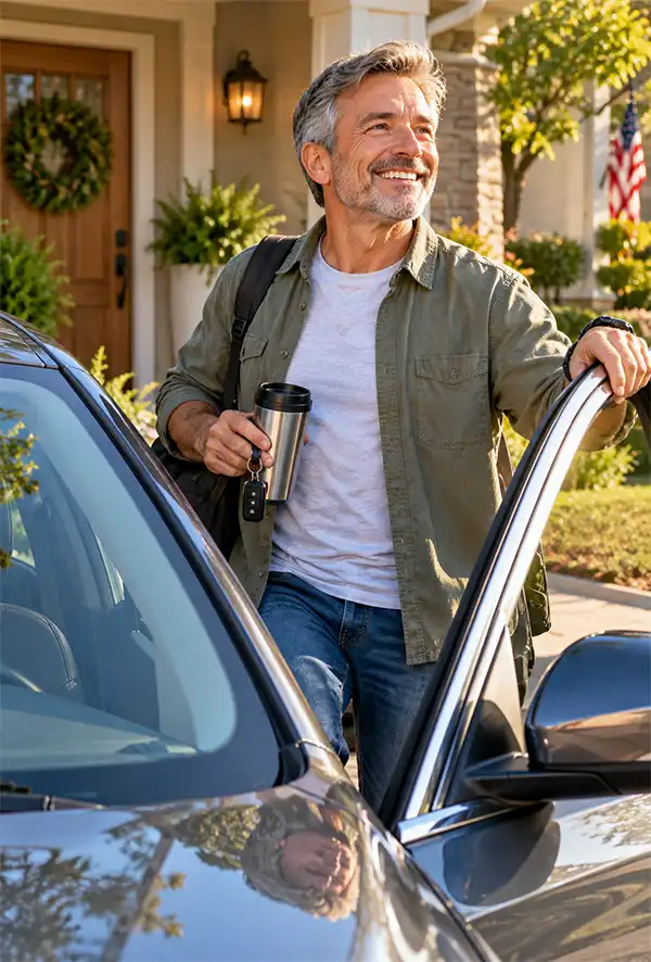 A cheerful, well-rested man prepares to leave home on a sunny morning, smiling beside his car with a travel mug and keys in hand, illustrating the importance of adequate sleep before driving.
