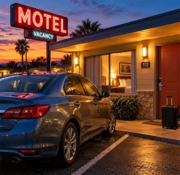 A car parked outside a warmly lit roadside motel at sunset, with a comfortable room ready for the night, illustrating the importance of stopping for proper rest rather than risking drowsy driving.