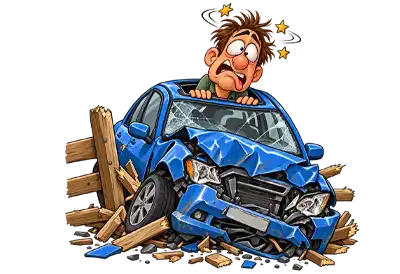 A humorous cartoon of a badly damaged blue car crashed through a wooden fence, with a dazed, oversized-headed driver poking out of the sunroof, surrounded by spinning stars, illustrating the dangers of drowsy driving.