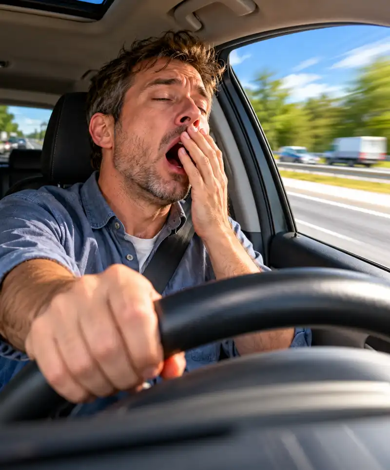 A dangerously drowsy driver yawns with his eyes nearly closed while gripping the steering wheel of a fast-moving car on a busy highway, illustrating the risks of driver fatigue and falling asleep at the wheel.