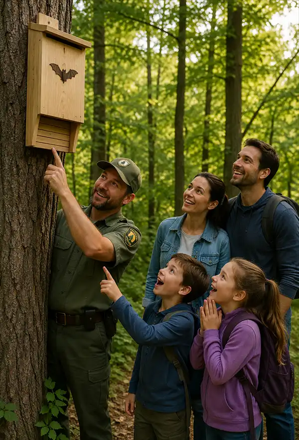 Teaching and Learning About Bats A forest ranger shows an excited group of children a bat house mounted on a tree in a woodland setting, while their parents watch with smiles as the youngsters learn about bats and wildlife conservation.
