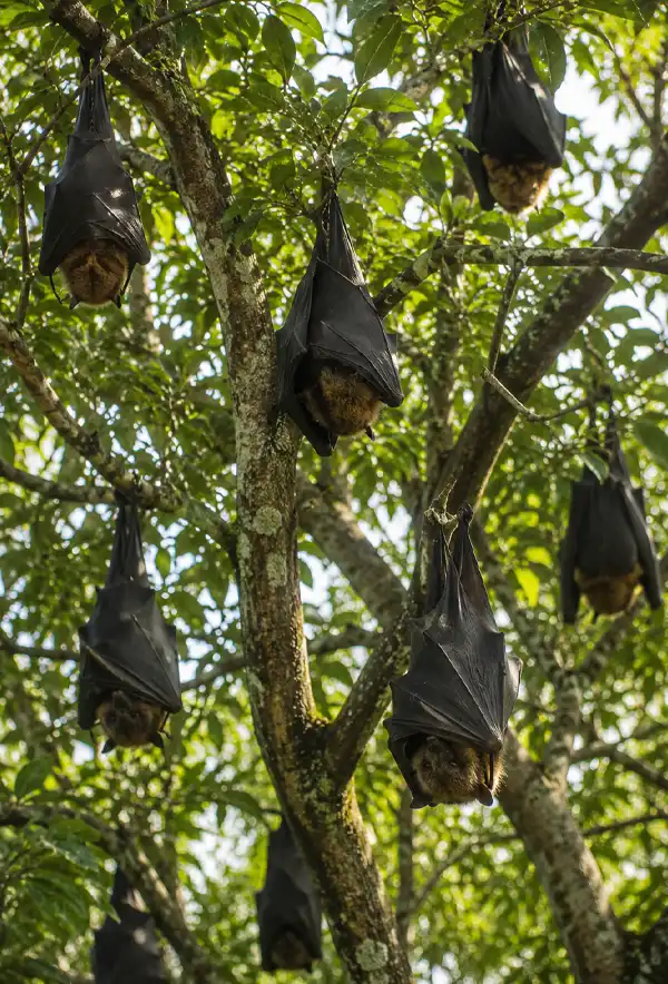Bats Sleeping In Trees Several bats hang upside down from tree branches during the daytime, resting peacefully among dense green leaves as sunlight filters through the forest canopy above.