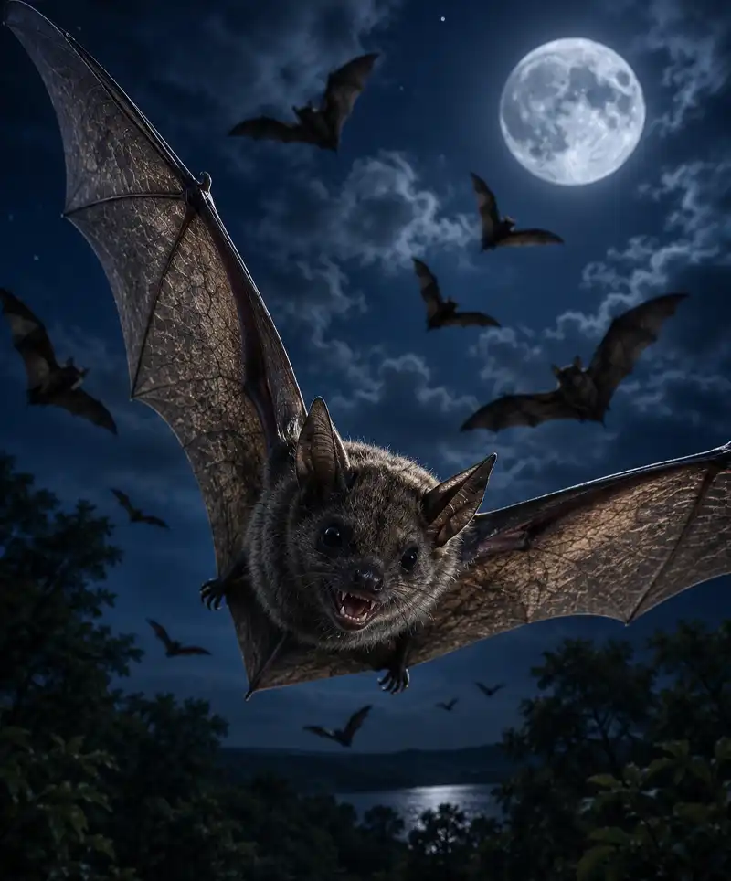 A bat flies close to the viewer beneath a bright full moon, its wings fully extended and illuminated by moonlight, while several other bats soar through the night sky above a dark forest landscape.
