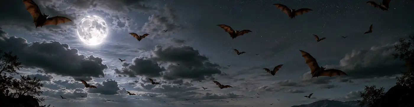 Bats at Night Dozens of bats fly across a moonlit night sky above a wide valley and distant mountains, their silhouettes illuminated by the glow of a full moon and scattered stars.