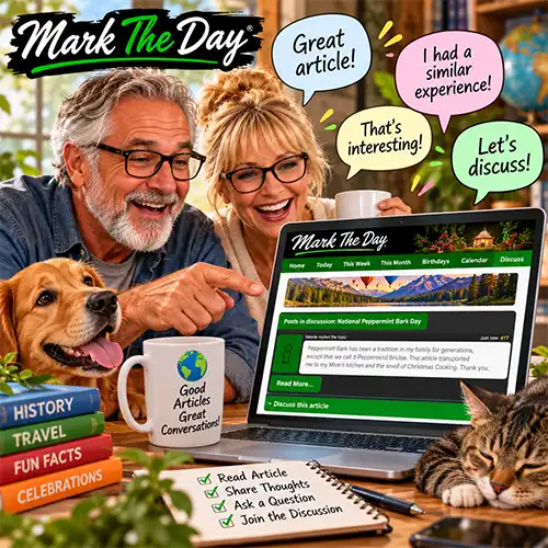 Join us by commenting on our articles A cheerful couple enjoys reading and discussing articles on Mark The Day using a laptop displaying the website's new commenting feature. Colorful speech bubbles encourage readers to share experiences, ask questions, and join the conversation, while a friendly dog and a sleepy cat complete the welcoming scene.